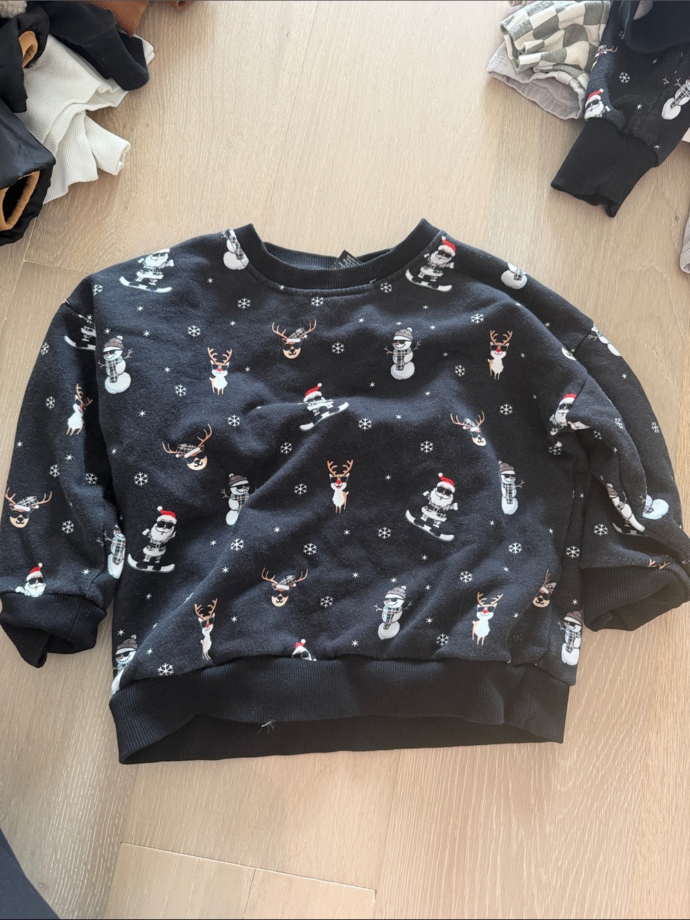 Little Bipsy Black Holiday Sweatshirt with Reindeer and Snowman Print
